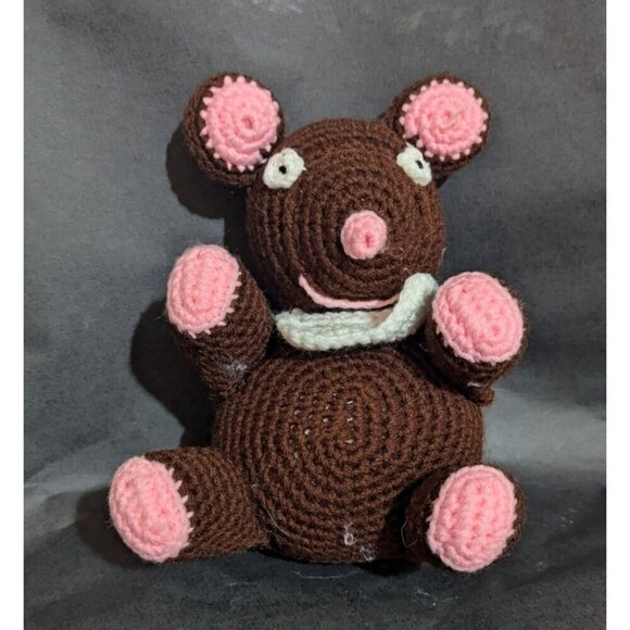 Handmade Crochet Teddy Bear Mouse Stuffed Toy With Pink Ears & Feet - Picture 1 of 7